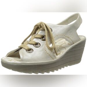 Fly London Wedge Heel Platform Lace Up Gold Shimmer Sandal Size 10